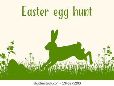 Easter green background with silhouettes of rabbit, grass and eggs. Easter egg hunt concept. Vector illustration