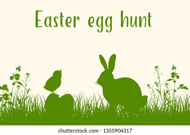 Easter green background with silhouettes of rabbit, chicken and eggs. Easter egg hunt. Vector illustration