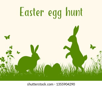 Easter green background with silhouettes of two rabbits, grass and eggs. Easter egg hunt. Vector illustration