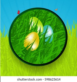 Easter Green Border with Eggs Grass and Butterfly Over Grass and Sky Background