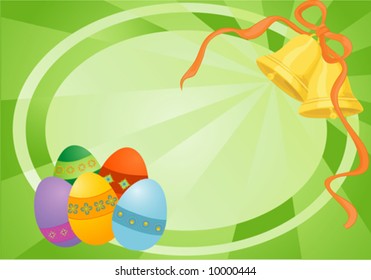 Easter green card with eggs and bells.