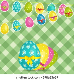 Easter Green Crossed Stripes Background with Egg Shaped Bunting and Decorated Eggs