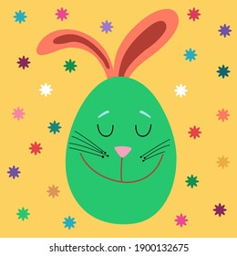 Huevo verde de Pascua con orejas conejitas sobre fondo amarillo. Huevo de colores para las vacaciones de Semana Santa. La decoración de Semana Santa. Feliz Pascua. Ilustración de dibujos animados