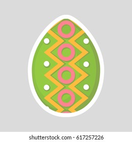 Easter green egg icon isolated on a gray background. Volumetric with a white outline, with colored contrasting ornament of circle, zig zag line and points. Vector Illustration. Spring holiday.