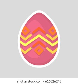 Easter green egg isolated on a gray background. Volumetric with a white outline, with colored contrasting ornament of geometric line and points. Vector Illustration. Spring holiday.