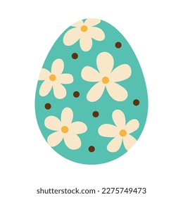 Easter green egg with white flowers and brown dots. Egg hunt. Easter tradition. Easter green egg with chamomile flowers in flat design.