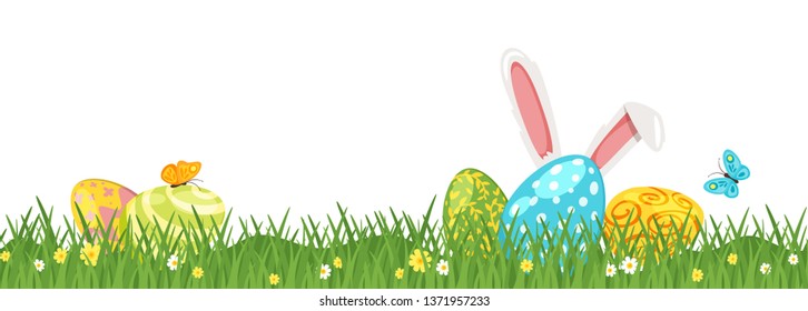 Easter green grass border design with traditional holiday symbols: colorful painted eggs and bunny ears. Vector illustration.