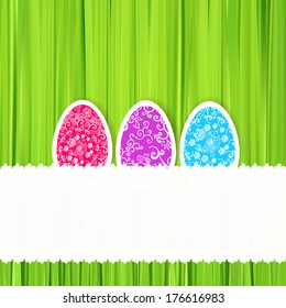 Easter green herb background with ornament eggs Happy Easter. Vector illustration
