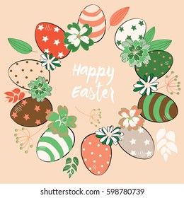 Easter green, red and pink eggs in the circle colored in vintage style with colorful flowers and leaves. Vector illustration on light pink background