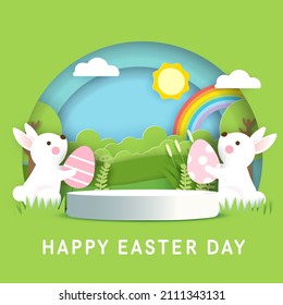 Easter greeting with 3d product podium in papercut style.