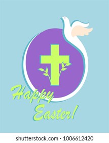 Easter greeting abstract card with cut out paper flying dove, egg shape and cross. Flat design