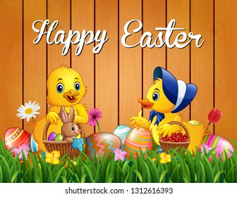Easter greeting with baby duck and a rabbit on the basket