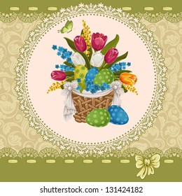 Easter greeting background with basket full of Easter eggs and flowers