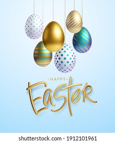 Easter greeting background with realistic golden, blue, white Easter eggs. Vector illustration EPS10