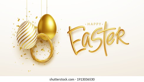 Easter greeting background and realistic golden  blue  white Easter eggs  Vector illustration EPS10