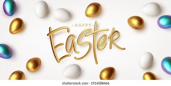 Easter greeting background with realistic golden, blue, white Easter eggs. Vector illustration EPS10