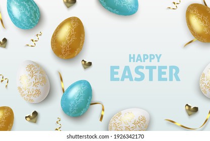 Easter greeting background with realistic golden, blue and white Easter eggs. Vector illustration.
