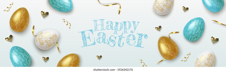 Easter greeting background with realistic golden, blue and white Easter eggs. Vector illustration.