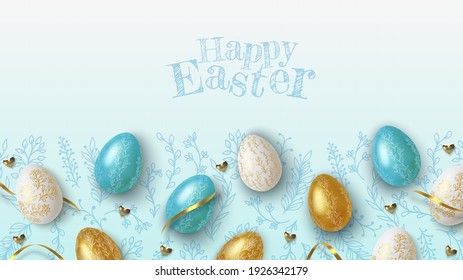 Easter greeting background with realistic golden, blue and white Easter eggs. Vector illustration.