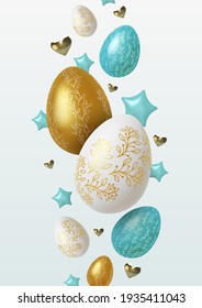 Fondo de bienvenida de Pascua con huevos de Pascua reales dorados, azules y blancos. Ilustración vectorial.