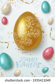 Easter greeting background with realistic golden, blue and white Easter eggs. Vector illustration.