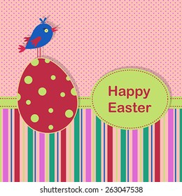 Easter greeting background with spotted eggs and colored bird on a spotted and stripe background for your greeting card or other your design
