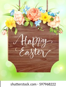 Easter greeting background with wooden board and floral garland. Vector illustration.