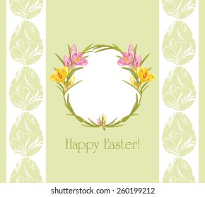 Easter greeting background with wreath of crocuses. Vector