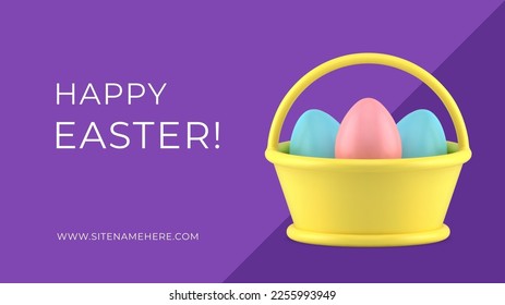 Easter greeting banner 3d basket with painted chicken eggs design template realistic vector illustration. Happy religious spring holiday traditional treat present eggshell celebration place for text