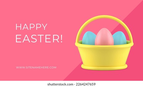 Easter greeting banner 3d basket with painted chicken eggs design template realistic vector illustration. Happy religious spring holiday traditional treat present eggshell celebration place for text