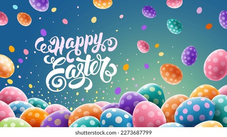 Easter greeting banner or card with many colored Easter eggs painted by polka dot pattern. Eggs flying and falling. Calligraphy inscription Happy Easter. Vector 3d realistic illustration EPS10