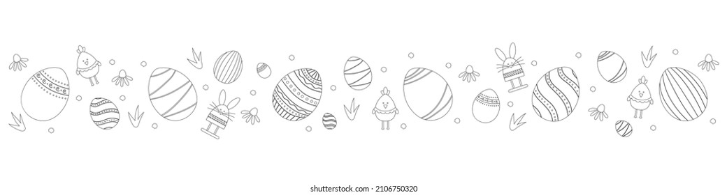 Easter greeting banner in a linear style on a white background. Linear illustrations of eggs with an ornament, a rabbit, flowers in black and white. Easter decor. Easter greeting cards, posters