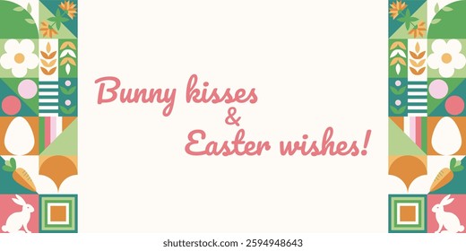 Easter greeting banner with mosaic with holiday symbols. Spring geometric pattern with rabbit, eggs and flowers.