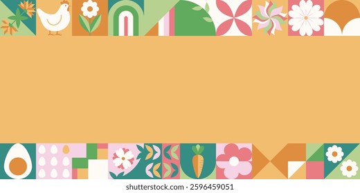 Easter greeting banner with mosaic with holiday symbols. Spring geometric pattern with rabbit, eggs and flowers.
