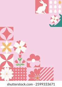 Easter greeting banner with mosaic with holiday symbols. Spring geometric pattern with rabbit, eggs and flowers.