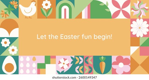 Easter greeting banner with mosaic with holiday symbols. Spring geometric pattern with rabbit, eggs and flowers.