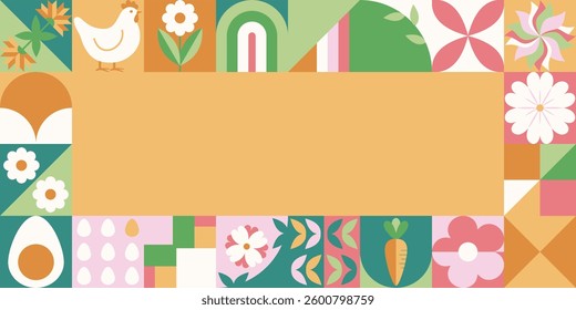 Easter greeting banner with mosaic with holiday symbols. Spring geometric pattern with rabbit, eggs and flowers.