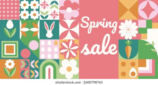 Easter greeting banner with mosaic with holiday symbols. Spring geometric pattern with rabbit, eggs and flowers.