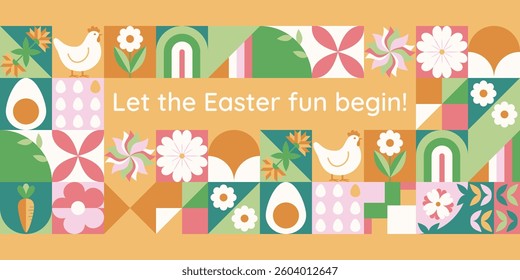 Easter greeting banner with mosaic with holiday symbols. Spring geometric pattern with rabbit, eggs and flowers.