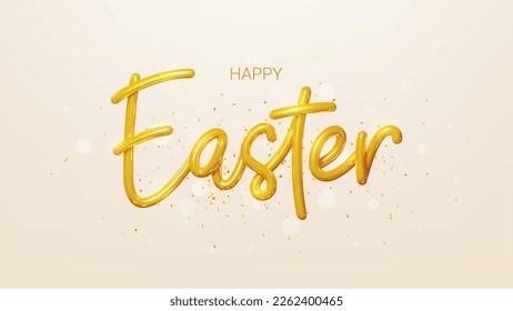 Easter greeting banner template. Vector holiday illustration with realistic golden 3d lettering and falling confetti. Realistic 3d golden symbol of Easter. Happy Easter.