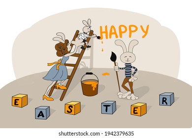 Easter greeting banner with a wonderful family of rabbits preparing for Easter, decorating holiday eggs and their home