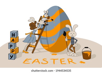 Easter greeting banner with a wonderful family of rabbits preparing for Easter, decorating holiday egg and their home