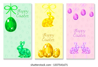 Easter greeting banners with low poly eggs and rabbits on green, yellow and pink background. Vector illustration, EPS 10. Template for desing card, invitation, festive decoration.