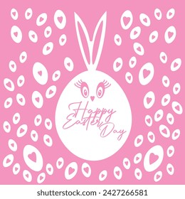 Easter greeting between white eggs with hearts on a pink background