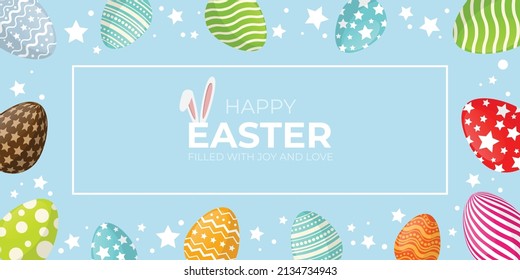 Saludo de Pascua con conejo y huevo sobre fondo azul claro, Pascua feliz, llena de felicidad y amor Promoción de Pascua y Plantillas de Compras. ilustrador