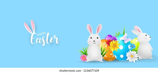 Ostergrußkarte mit 3D-Hasen-Dekorationen mit süßen Ostereiern. Vektorgrafik