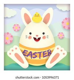 Easter greeting card in 3d paper cut design. Cute cartoon rabbit dress up as easter egg with baby chicken and pink flowers. 