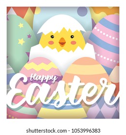 Easter greeting card in 3d paper cut design. Cute cartoon baby chicken and colourful easter eggs. 