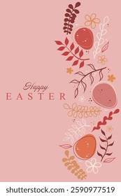 Easter greeting card with abstract floral decorations and decorated eggs on a warm pastel pink background. Elegant botanical elements enhance the festive holiday theme