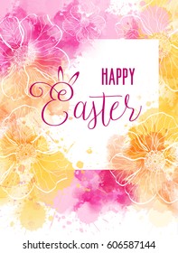 Easter greeting card with abstract florals and watercolor imitation background. Vector illustration